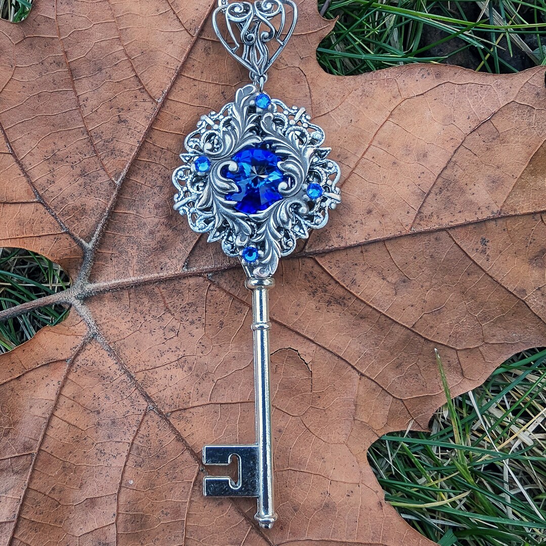 Vintage Sterling Silver Key Necklace made with Sapphire Swarovski Crystals, Fantasy Jewelry MakerPlace by Michaels